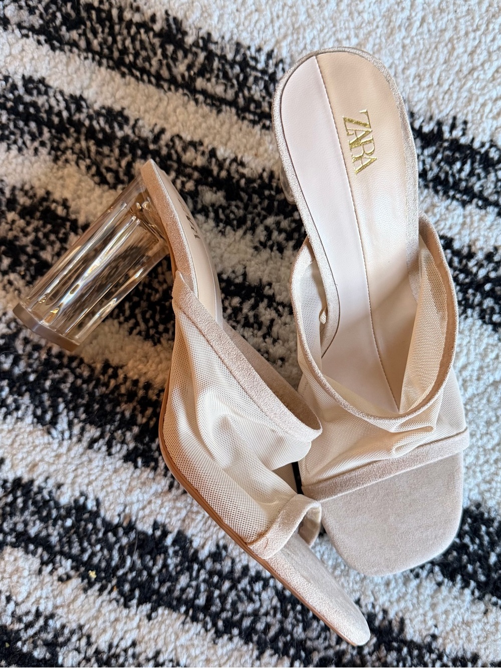 Zara Cream Slide Mesh Sandals with Clear Block Heel 8